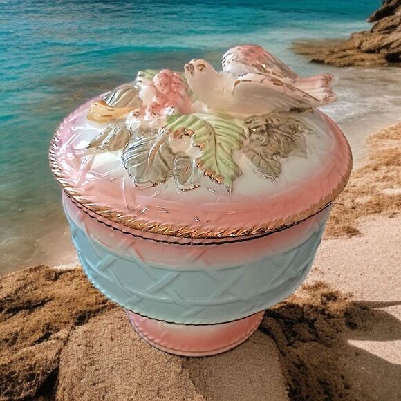 Majolica 3D Candy Dish Birds Floral Handpainted Porcelain Betson Colorful Shabby - Picture 16 of 16